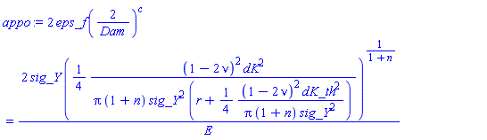 2*eps_f*(2/Dam)^c = 2*sig_Y*((1/4)*(1-2*nu)^2*dK^2/(pi*(1+n)*sig_Y^2*(r+(1/4)*(1-2*nu)^2*dK_th^2/(pi*(1+n)*sig_Y^2))))^(1/(1+n))/E
