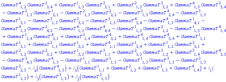 %d_[3](GammaT[`~1`, 1, 1]+GammaT[`~2`, 1, 2]+GammaT[`~3`, 1, 3]+GammaT[`~4`, 1, 4])+GammaT[`~4`, 1, 2]*GammaT[`~2`, 3, 4]+GammaT[`~1`, 1, 3]*GammaT[`~3`, 3, 1]+GammaT[`~2`, 1, 3]*GammaT[`~3`, 3, 2]+GammaT[`~4`, 1, 3]*GammaT[`~3`, 3, 4]-GammaT[`~2`, 1, 3]*GammaT[`~1`, 2, 1]-GammaT[`~2`, 1, 3]*GammaT[`~2`, 2, 2]-GammaT[`~2`, 1, 3]*GammaT[`~4`, 2, 4]-GammaT[`~3`, 1, 3]*GammaT[`~1`, 3, 1]-GammaT[`~3`, 1, 3]*GammaT[`~2`, 3, 2]-GammaT[`~3`, 1, 3]*GammaT[`~4`, 3, 4]-GammaT[`~4`, 1, 3]*GammaT[`~1`, 4, 1]-GammaT[`~4`, 1, 3]*GammaT[`~2`, 4, 2]-GammaT[`~4`, 1, 3]*GammaT[`~4`, 4, 4]-GammaT[`~1`, 1, 3]*GammaT[`~2`, 1, 2]-GammaT[`~1`, 1, 3]*GammaT[`~4`, 1, 4]+GammaT[`~1`, 1, 4]*GammaT[`~4`, 3, 1]+GammaT[`~2`, 1, 4]*GammaT[`~4`, 3, 2]+GammaT[`~4`, 1, 4]*GammaT[`~4`, 3, 4]+GammaT[`~1`, 1, 1]*GammaT[`~1`, 3, 1]+GammaT[`~2`, 1, 1]*GammaT[`~1`, 3, 2]+GammaT[`~4`, 1, 1]*GammaT[`~1`, 3, 4]+GammaT[`~1`, 1, 2]*GammaT[`~2`, 3, 1]+GammaT[`~2`, 1, 2]*GammaT[`~2`, 3, 2]+GammaT[`~1`, 3, 3]*GammaT[`~3`, 1, 1]+GammaT[`~2`, 3, 3]*GammaT[`~3`, 1, 2]+GammaT[`~3`, 1, 4]*GammaT[`~4`, 3, 3]-GammaT[`~3`, 4, 3]*GammaT[`~4`, 1, 3]-GammaT[`~1`, 1, 1]*GammaT[`~1`, 1, 3]-GammaT[`~1`, 1, 3]*GammaT[`~3`, 1, 3]-GammaT[`~2`, 1, 3]*GammaT[`~3`, 2, 3]-%d_[4](GammaT[`~4`, 1, 3])+%d_[1](GammaT[`~1`, 1, 3])+%d_[3](GammaT[`~3`, 1, 3])+%d_[2](GammaT[`~2`, 1, 3])