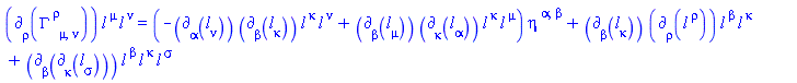 Physics:-d_[rho](Physics:-Christoffel[`~rho`, mu, nu], [X])*l[`~mu`](X)*l[`~nu`](X) = (-Physics:-d_[alpha](l[nu](X), [X])*Physics:-d_[beta](l[kappa](X), [X])*l[`~kappa`](X)*l[`~nu`](X)+Physics:-d_[beta](l[mu](X), [X])*Physics:-d_[kappa](l[alpha](X), [X])*l[`~kappa`](X)*l[`~mu`](X))*eta[`~alpha`, `~beta`]+Physics:-d_[beta](l[kappa](X), [X])*Physics:-d_[rho](l[`~rho`](X), [X])*l[`~beta`](X)*l[`~kappa`](X)+Physics:-d_[beta](Physics:-d_[kappa](l[sigma](X), [X]), [X])*l[`~beta`](X)*l[`~kappa`](X)*l[`~sigma`](X)