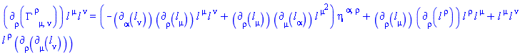 Physics:-d_[rho](Physics:-Christoffel[`~rho`, mu, nu], [X])*l[`~mu`](X)*l[`~nu`](X) = (-Physics:-d_[alpha](l[nu](X), [X])*Physics:-d_[rho](l[mu](X), [X])*l[`~mu`](X)*l[`~nu`](X)+Physics:-d_[rho](l[mu](X), [X])*Physics:-d_[mu](l[alpha](X), [X])*l[`~mu`](X)^2)*eta[`~alpha`, `~rho`]+Physics:-d_[rho](l[mu](X), [X])*Physics:-d_[rho](l[`~rho`](X), [X])*l[`~rho`](X)*l[`~mu`](X)+l[`~mu`](X)*l[`~nu`](X)*l[`~rho`](X)*Physics:-d_[rho](Physics:-d_[mu](l[nu](X), [X]), [X])
