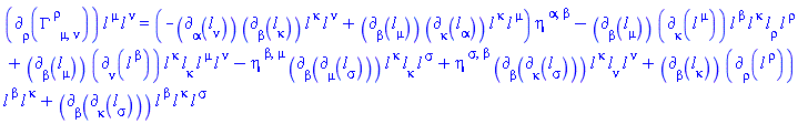 Physics:-d_[rho](Physics:-Christoffel[`~rho`, mu, nu], [X])*l[`~mu`](X)*l[`~nu`](X) = (-Physics:-d_[alpha](l[nu](X), [X])*Physics:-d_[beta](l[kappa](X), [X])*l[`~kappa`](X)*l[`~nu`](X)+Physics:-d_[beta](l[mu](X), [X])*Physics:-d_[kappa](l[alpha](X), [X])*l[`~kappa`](X)*l[`~mu`](X))*eta[`~alpha`, `~beta`]-Physics:-d_[beta](l[mu](X), [X])*Physics:-d_[kappa](l[`~mu`](X), [X])*l[`~beta`](X)*l[`~kappa`](X)*l[rho](X)*l[`~rho`](X)+Physics:-d_[beta](l[mu](X), [X])*Physics:-d_[nu](l[`~beta`](X), [X])*l[`~kappa`](X)*l[kappa](X)*l[`~mu`](X)*l[`~nu`](X)-eta[`~beta`, `~mu`]*Physics:-d_[beta](Physics:-d_[mu](l[sigma](X), [X]), [X])*l[`~kappa`](X)*l[kappa](X)*l[`~sigma`](X)+eta[`~sigma`, `~beta`]*Physics:-d_[beta](Physics:-d_[kappa](l[sigma](X), [X]), [X])*l[`~kappa`](X)*l[nu](X)*l[`~nu`](X)+Physics:-d_[beta](l[kappa](X), [X])*Physics:-d_[rho](l[`~rho`](X), [X])*l[`~beta`](X)*l[`~kappa`](X)+Physics:-d_[beta](Physics:-d_[kappa](l[sigma](X), [X]), [X])*l[`~beta`](X)*l[`~kappa`](X)*l[`~sigma`](X)