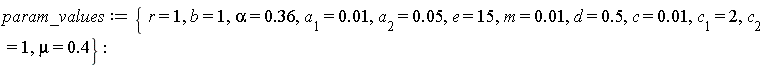 param_values := {a__1 = 0.1e-1, a__2 = 0.5e-1, alpha = .36, b = 1, c = 0.1e-1, c__1 = 2, c__2 = 1, d = .5, e = 15, m = 0.1e-1, mu = .4, r = 1}