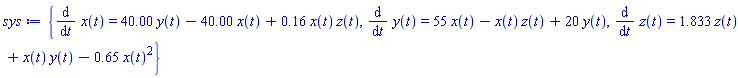 {diff(x(t), t) = 40.00*y(t)-40.00*x(t)+.16*x(t)*z(t), diff(y(t), t) = 55*x(t)-x(t)*z(t)+20*y(t), diff(z(t), t) = 1.833*z(t)+x(t)*y(t)-.65*x(t)^2}