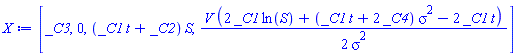 [_C3, 0, (_C1*t+_C2)*S, (1/2)*V*(2*_C1*ln(S)+(_C1*t+2*_C4)*sigma^2-2*_C1*t)/sigma^2]
