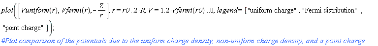 plot([Vuniform(r), Vfermi(r), -Z/r], r = r0 .. 2*R, V = 1.2*Vfermi(r0) .. 0, legend = ["uniform charge", "Fermi distribution", "point charge"]);