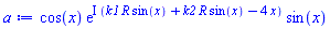 cos(x)*exp(I*(k1*R*sin(x)+k2*R*sin(x)-4*x))*sin(x)