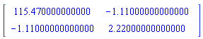 Matrix(2, 2, {(1, 1) = 115.470000000000, (1, 2) = -1.11000000000000, (2, 1) = -1.11000000000000, (2, 2) = 2.22000000000000})