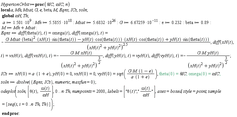 HyperionOrbit := proc (`&theta;IC`, `&omega;IC`, n) local a, Mh, Msat, G, e, beta, M, Eqns, ICs, soln; global `&omega;H`, Th; a := 1.501*10^9; Mh := 5.5855*10^18; Msat := 5.6832*10^26; G := 6.67259/10^11; e := .232; beta := .89; M := Mh+Msat; Eqns := diff(theta(t), t) = omega(t), diff(omega(t), t) = -G*Msat*beta^2*(xH(t)*sin(theta(t))-yH(t)*cos(theta(t)))*(xH(t)*cos(theta(t))+yH(t)*sin(theta(t)))/(xH(t)^2+yH(t)^2)^2.5, diff(xH(t), t) = vxH(t), diff(vxH(t), t) = -G*M*xH(t)/(xH(t)^2+yH(t)^2)^(3/2), diff(yH(t), t) = vyH(t), diff(vyH(t), t) = -G*M*yH(t)/(xH(t)^2+yH(t)^2)^(3/2); ICs := xH(0) = a*(1+e), yH(0) = 0, vxH(0) = 0, vyH(0) = sqrt(G*M*(1-e)/(a*(1+e))), theta(0) = `&theta;IC`, omega(0) = `&omega;IC`; soln := dsolve({Eqns, ICs}, numeric, maxfun = 0); plots:-odeplot(soln, [theta(t), omega(t)/`&omega;H`], 0 .. n*Th, numpoints = 2000, labels = ["&theta;(t)","&omega;(t)/&omega;H"], axes = boxed, style = point, sample = [seq(i, i = 0 .. n*Th, Th)]) end proc: