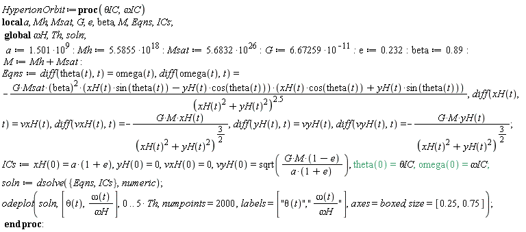 HyperionOrbit := proc (`&theta;IC`, `&omega;IC`) local a, Mh, Msat, G, e, beta, M, Eqns, ICs; global `&omega;H`, Th, soln; a := 1.501*10^9; Mh := 5.5855*10^18; Msat := 5.6832*10^26; G := 6.67259/10^11; e := .232; beta := .89; M := Mh+Msat; Eqns := diff(theta(t), t) = omega(t), diff(omega(t), t) = -G*Msat*beta^2*(xH(t)*sin(theta(t))-yH(t)*cos(theta(t)))*(xH(t)*cos(theta(t))+yH(t)*sin(theta(t)))/(xH(t)^2+yH(t)^2)^2.5, diff(xH(t), t) = vxH(t), diff(vxH(t), t) = -G*M*xH(t)/(xH(t)^2+yH(t)^2)^(3/2), diff(yH(t), t) = vyH(t), diff(vyH(t), t) = -G*M*yH(t)/(xH(t)^2+yH(t)^2)^(3/2); ICs := xH(0) = a*(1+e), yH(0) = 0, vxH(0) = 0, vyH(0) = sqrt(G*M*(1-e)/(a*(1+e))), theta(0) = `&theta;IC`, omega(0) = `&omega;IC`; soln := dsolve({Eqns, ICs}, numeric); odeplot(soln, [theta(t), omega(t)/`&omega;H`], 0 .. 5*Th, numpoints = 2000, labels = ["&theta;(t)","&omega;(t)/&omega;H"], axes = boxed, size = [.25, .75]) end proc