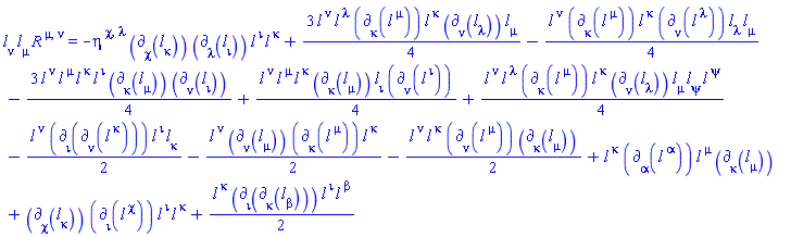 l[nu](X)*l[mu](X)*Physics:-Ricci[`~mu`, `~nu`] = -eta[`~chi`, `~lambda`]*Physics:-d_[chi](l[kappa](X), [X])*Physics:-d_[lambda](l[iota](X), [X])*l[`~iota`](X)*l[`~kappa`](X)+(3/4)*l[`~nu`](X)*l[`~lambda`](X)*Physics:-d_[kappa](l[`~mu`](X), [X])*l[`~kappa`](X)*Physics:-d_[nu](l[lambda](X), [X])*l[mu](X)-(1/4)*l[`~nu`](X)*Physics:-d_[kappa](l[`~mu`](X), [X])*l[`~kappa`](X)*Physics:-d_[nu](l[`~lambda`](X), [X])*l[lambda](X)*l[mu](X)-(3/4)*l[`~nu`](X)*l[`~mu`](X)*l[`~kappa`](X)*l[`~iota`](X)*Physics:-d_[kappa](l[mu](X), [X])*Physics:-d_[nu](l[iota](X), [X])+(1/4)*l[`~nu`](X)*l[`~mu`](X)*l[`~kappa`](X)*Physics:-d_[kappa](l[mu](X), [X])*l[iota](X)*Physics:-d_[nu](l[`~iota`](X), [X])+(1/4)*l[`~nu`](X)*l[`~lambda`](X)*Physics:-d_[kappa](l[`~mu`](X), [X])*l[`~kappa`](X)*Physics:-d_[nu](l[lambda](X), [X])*l[mu](X)*l[psi](X)*l[`~psi`](X)-(1/2)*l[`~nu`](X)*Physics:-d_[iota](Physics:-d_[nu](l[`~kappa`](X), [X]), [X])*l[`~iota`](X)*l[kappa](X)-(1/2)*l[`~nu`](X)*Physics:-d_[nu](l[mu](X), [X])*Physics:-d_[kappa](l[`~mu`](X), [X])*l[`~kappa`](X)-(1/2)*l[`~nu`](X)*l[`~kappa`](X)*Physics:-d_[nu](l[`~mu`](X), [X])*Physics:-d_[kappa](l[mu](X), [X])+l[`~kappa`](X)*Physics:-d_[alpha](l[`~alpha`](X), [X])*l[`~mu`](X)*Physics:-d_[kappa](l[mu](X), [X])+Physics:-d_[chi](l[kappa](X), [X])*Physics:-d_[iota](l[`~chi`](X), [X])*l[`~iota`](X)*l[`~kappa`](X)+(1/2)*l[`~kappa`](X)*Physics:-d_[iota](Physics:-d_[kappa](l[beta](X), [X]), [X])*l[`~iota`](X)*l[`~beta`](X)
