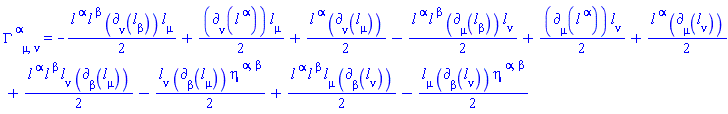 Physics:-Christoffel[`~alpha`, mu, nu] = -(1/2)*l[`~alpha`](X)*l[`~beta`](X)*Physics:-d_[nu](l[beta](X), [X])*l[mu](X)+(1/2)*Physics:-d_[nu](l[`~alpha`](X), [X])*l[mu](X)+(1/2)*l[`~alpha`](X)*Physics:-d_[nu](l[mu](X), [X])-(1/2)*l[`~alpha`](X)*l[`~beta`](X)*Physics:-d_[mu](l[beta](X), [X])*l[nu](X)+(1/2)*Physics:-d_[mu](l[`~alpha`](X), [X])*l[nu](X)+(1/2)*l[`~alpha`](X)*Physics:-d_[mu](l[nu](X), [X])+(1/2)*l[`~alpha`](X)*l[`~beta`](X)*l[nu](X)*Physics:-d_[beta](l[mu](X), [X])-(1/2)*l[nu](X)*Physics:-d_[beta](l[mu](X), [X])*eta[`~alpha`, `~beta`]+(1/2)*l[`~alpha`](X)*l[`~beta`](X)*l[mu](X)*Physics:-d_[beta](l[nu](X), [X])-(1/2)*l[mu](X)*Physics:-d_[beta](l[nu](X), [X])*eta[`~alpha`, `~beta`]