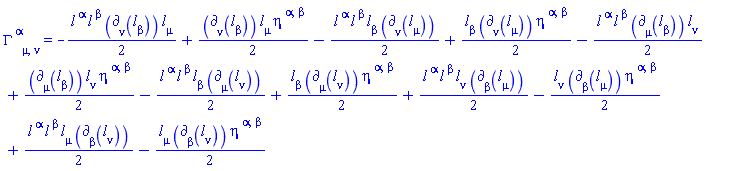 Physics:-Christoffel[`~alpha`, mu, nu] = -(1/2)*l[`~alpha`](X)*l[`~beta`](X)*Physics:-d_[nu](l[beta](X), [X])*l[mu](X)+(1/2)*Physics:-d_[nu](l[beta](X), [X])*l[mu](X)*eta[`~alpha`, `~beta`]-(1/2)*l[`~alpha`](X)*l[`~beta`](X)*l[beta](X)*Physics:-d_[nu](l[mu](X), [X])+(1/2)*l[beta](X)*Physics:-d_[nu](l[mu](X), [X])*eta[`~alpha`, `~beta`]-(1/2)*l[`~alpha`](X)*l[`~beta`](X)*Physics:-d_[mu](l[beta](X), [X])*l[nu](X)+(1/2)*Physics:-d_[mu](l[beta](X), [X])*l[nu](X)*eta[`~alpha`, `~beta`]-(1/2)*l[`~alpha`](X)*l[`~beta`](X)*l[beta](X)*Physics:-d_[mu](l[nu](X), [X])+(1/2)*l[beta](X)*Physics:-d_[mu](l[nu](X), [X])*eta[`~alpha`, `~beta`]+(1/2)*l[`~alpha`](X)*l[`~beta`](X)*l[nu](X)*Physics:-d_[beta](l[mu](X), [X])-(1/2)*l[nu](X)*Physics:-d_[beta](l[mu](X), [X])*eta[`~alpha`, `~beta`]+(1/2)*l[`~alpha`](X)*l[`~beta`](X)*l[mu](X)*Physics:-d_[beta](l[nu](X), [X])-(1/2)*l[mu](X)*Physics:-d_[beta](l[nu](X), [X])*eta[`~alpha`, `~beta`]