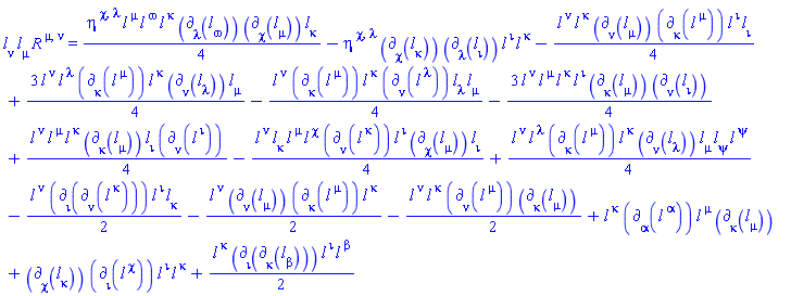 l[nu](X)*l[mu](X)*Physics:-Ricci[`~mu`, `~nu`] = (1/4)*eta[`~chi`, `~lambda`]*l[`~mu`](X)*l[`~omega`](X)*l[`~kappa`](X)*Physics:-d_[lambda](l[omega](X), [X])*Physics:-d_[chi](l[mu](X), [X])*l[kappa](X)-eta[`~chi`, `~lambda`]*Physics:-d_[chi](l[kappa](X), [X])*Physics:-d_[lambda](l[iota](X), [X])*l[`~iota`](X)*l[`~kappa`](X)-(1/4)*l[`~nu`](X)*l[`~kappa`](X)*Physics:-d_[nu](l[mu](X), [X])*Physics:-d_[kappa](l[`~mu`](X), [X])*l[`~iota`](X)*l[iota](X)+(3/4)*l[`~nu`](X)*l[`~lambda`](X)*Physics:-d_[kappa](l[`~mu`](X), [X])*l[`~kappa`](X)*Physics:-d_[nu](l[lambda](X), [X])*l[mu](X)-(1/4)*l[`~nu`](X)*Physics:-d_[kappa](l[`~mu`](X), [X])*l[`~kappa`](X)*Physics:-d_[nu](l[`~lambda`](X), [X])*l[lambda](X)*l[mu](X)-(3/4)*l[`~nu`](X)*l[`~mu`](X)*l[`~kappa`](X)*l[`~iota`](X)*Physics:-d_[kappa](l[mu](X), [X])*Physics:-d_[nu](l[iota](X), [X])+(1/4)*l[`~nu`](X)*l[`~mu`](X)*l[`~kappa`](X)*Physics:-d_[kappa](l[mu](X), [X])*l[iota](X)*Physics:-d_[nu](l[`~iota`](X), [X])-(1/4)*l[`~nu`](X)*l[kappa](X)*l[`~mu`](X)*l[`~chi`](X)*Physics:-d_[nu](l[`~kappa`](X), [X])*l[`~iota`](X)*Physics:-d_[chi](l[mu](X), [X])*l[iota](X)+(1/4)*l[`~nu`](X)*l[`~lambda`](X)*Physics:-d_[kappa](l[`~mu`](X), [X])*l[`~kappa`](X)*Physics:-d_[nu](l[lambda](X), [X])*l[mu](X)*l[psi](X)*l[`~psi`](X)-(1/2)*l[`~nu`](X)*Physics:-d_[iota](Physics:-d_[nu](l[`~kappa`](X), [X]), [X])*l[`~iota`](X)*l[kappa](X)-(1/2)*l[`~nu`](X)*Physics:-d_[nu](l[mu](X), [X])*Physics:-d_[kappa](l[`~mu`](X), [X])*l[`~kappa`](X)-(1/2)*l[`~nu`](X)*l[`~kappa`](X)*Physics:-d_[nu](l[`~mu`](X), [X])*Physics:-d_[kappa](l[mu](X), [X])+l[`~kappa`](X)*Physics:-d_[alpha](l[`~alpha`](X), [X])*l[`~mu`](X)*Physics:-d_[kappa](l[mu](X), [X])+Physics:-d_[chi](l[kappa](X), [X])*Physics:-d_[iota](l[`~chi`](X), [X])*l[`~iota`](X)*l[`~kappa`](X)+(1/2)*l[`~kappa`](X)*Physics:-d_[iota](Physics:-d_[kappa](l[beta](X), [X]), [X])*l[`~iota`](X)*l[`~beta`](X)