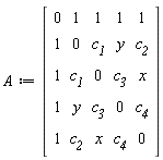 A := Matrix(5, 5, {(1, 1) = 0, (1, 2) = 1, (1, 3) = 1, (1, 4) = 1, (1, 5) = 1, (2, 1) = 1, (2, 2) = 0, (2, 3) = c__1, (2, 4) = y, (2, 5) = c__2, (3, 1) = 1, (3, 2) = c__1, (3, 3) = 0, (3, 4) = c__3, (3, 5) = x, (4, 1) = 1, (4, 2) = y, (4, 3) = c__3, (4, 4) = 0, (4, 5) = c__4, (5, 1) = 1, (5, 2) = c__2, (5, 3) = x, (5, 4) = c__4, (5, 5) = 0})