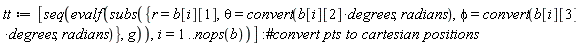 tt := [seq(evalf(subs({phi = convert(b[i][3]*degrees, radians), r = b[i][1], theta = convert(b[i][2]*degrees, radians)}, g)), i = 1 .. nops(b))]: