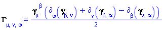 Physics:-ThreePlusOne:-Christoffel3[mu, nu, alpha] = (1/2)*Physics:-ThreePlusOne:-gamma3_[mu, `~beta`]*(Physics:-d_[alpha](Physics:-ThreePlusOne:-gamma3_[beta, nu], [X])+Physics:-d_[nu](Physics:-ThreePlusOne:-gamma3_[beta, alpha], [X])-Physics:-d_[beta](Physics:-ThreePlusOne:-gamma3_[nu, alpha], [X]))