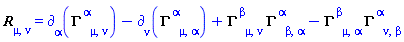 Physics:-ThreePlusOne:-Ricci3[mu, nu] = Physics:-d_[alpha](Physics:-ThreePlusOne:-Christoffel3[`~alpha`, mu, nu], [X])-Physics:-d_[nu](Physics:-ThreePlusOne:-Christoffel3[`~alpha`, mu, alpha], [X])+Physics:-ThreePlusOne:-Christoffel3[`~beta`, mu, nu]*Physics:-ThreePlusOne:-Christoffel3[`~alpha`, beta, alpha]-Physics:-ThreePlusOne:-Christoffel3[`~beta`, mu, alpha]*Physics:-ThreePlusOne:-Christoffel3[`~alpha`, nu, beta]