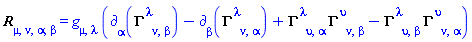 Physics:-ThreePlusOne:-Riemann3[mu, nu, alpha, beta] = Physics:-g_[mu, lambda]*(Physics:-d_[alpha](Physics:-ThreePlusOne:-Christoffel3[`~lambda`, nu, beta], [X])-Physics:-d_[beta](Physics:-ThreePlusOne:-Christoffel3[`~lambda`, nu, alpha], [X])+Physics:-ThreePlusOne:-Christoffel3[`~lambda`, upsilon, alpha]*Physics:-ThreePlusOne:-Christoffel3[`~upsilon`, nu, beta]-Physics:-ThreePlusOne:-Christoffel3[`~lambda`, upsilon, beta]*Physics:-ThreePlusOne:-Christoffel3[`~upsilon`, nu, alpha])