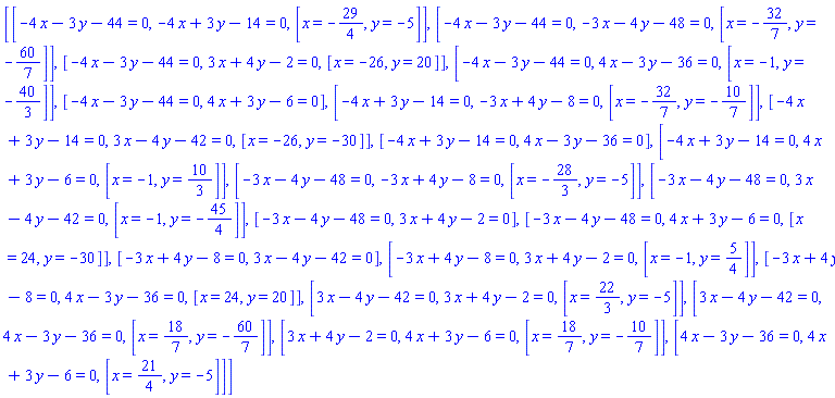 [[-4*x-3*y-44 = 0, -4*x+3*y-14 = 0, [x = -29/4, y = -5]], [-4*x-3*y-44 = 0, -3*x-4*y-48 = 0, [x = -32/7, y = -60/7]], [-4*x-3*y-44 = 0, 3*x+4*y-2 = 0, [x = -26, y = 20]], [-4*x-3*y-44 = 0, 4*x-3*y-36 = 0, [x = -1, y = -40/3]], [-4*x-3*y-44 = 0, 4*x+3*y-6 = 0], [-4*x+3*y-14 = 0, -3*x+4*y-8 = 0, [x = -32/7, y = -10/7]], [-4*x+3*y-14 = 0, 3*x-4*y-42 = 0, [x = -26, y = -30]], [-4*x+3*y-14 = 0, 4*x-3*y-36 = 0], [-4*x+3*y-14 = 0, 4*x+3*y-6 = 0, [x = -1, y = 10/3]], [-3*x-4*y-48 = 0, -3*x+4*y-8 = 0, [x = -28/3, y = -5]], [-3*x-4*y-48 = 0, 3*x-4*y-42 = 0, [x = -1, y = -45/4]], [-3*x-4*y-48 = 0, 3*x+4*y-2 = 0], [-3*x-4*y-48 = 0, 4*x+3*y-6 = 0, [x = 24, y = -30]], [-3*x+4*y-8 = 0, 3*x-4*y-42 = 0], [-3*x+4*y-8 = 0, 3*x+4*y-2 = 0, [x = -1, y = 5/4]], [-3*x+4*y-8 = 0, 4*x-3*y-36 = 0, [x = 24, y = 20]], [3*x-4*y-42 = 0, 3*x+4*y-2 = 0, [x = 22/3, y = -5]], [3*x-4*y-42 = 0, 4*x-3*y-36 = 0, [x = 18/7, y = -60/7]], [3*x+4*y-2 = 0, 4*x+3*y-6 = 0, [x = 18/7, y = -10/7]], [4*x-3*y-36 = 0, 4*x+3*y-6 = 0, [x = 21/4, y = -5]]]