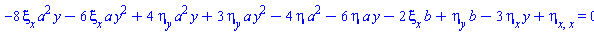 -8*(diff(xi(x, y), x))*a^2*y-6*(diff(xi(x, y), x))*a*y^2+4*(diff(eta(x, y), y))*a^2*y+3*(diff(eta(x, y), y))*a*y^2-4*eta(x, y)*a^2-6*eta(x, y)*a*y-2*(diff(xi(x, y), x))*b+(diff(eta(x, y), y))*b-3*(diff(eta(x, y), x))*y+diff(diff(eta(x, y), x), x) = 0