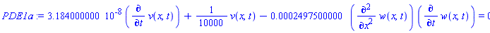 0.3184000000e-7*(diff(v(x, t), t))+(1/10000)*v(x, t)-0.2497500000e-3*(diff(diff(w(x, t), x), x))*(diff(w(x, t), t)) = 0