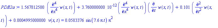 1.567812500*(diff(diff(diff(diff(w(x, t), x), x), x), x))+0.3760000000e-11*(diff(diff(diff(diff(w(x, t), x), x), x), x))*(diff(w(x, t), t))+.101*(diff(diff(w(x, t), t), t))+0.4995000000e-3*v(x, t) = 0.583376e-1*sin(7.6*Pi*t)*Pi^2