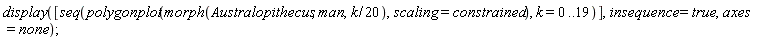 display([seq(polygonplot(morph(Australopithecus, man, (1/20)*k), scaling = constrained), k = 0 .. 19)], insequence = true, axes = none);
