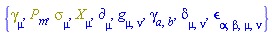 {Physics:-Dgamma[mu], P[m], Physics:-Psigma[mu], Physics:-d_[mu], Physics:-g_[mu, nu], Physics:-gamma_[a, b], Physics:-KroneckerDelta[mu, nu], Physics:-LeviCivita[alpha, beta, mu, nu], Physics:-SpaceTimeVector[mu](X)}