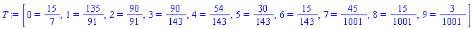 [0 = 15/7, 1 = 135/91, 2 = 90/91, 3 = 90/143, 4 = 54/143, 5 = 30/143, 6 = 15/143, 7 = 45/1001, 8 = 15/1001, 9 = 3/1001]