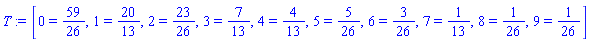 [0 = 59/26, 1 = 20/13, 2 = 23/26, 3 = 7/13, 4 = 4/13, 5 = 5/26, 6 = 3/26, 7 = 1/13, 8 = 1/26, 9 = 1/26]