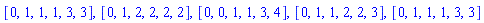 [0, 1, 1, 1, 3, 3], [0, 1, 2, 2, 2, 2], [0, 0, 1, 1, 3, 4], [0, 1, 1, 2, 2, 3], [0, 1, 1, 1, 3, 3]
