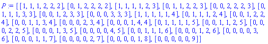 [[1, 1, 1, 2, 2, 2], [0, 1, 2, 2, 2, 2], [1, 1, 1, 1, 2, 3], [0, 1, 1, 2, 2, 3], [0, 0, 2, 2, 2, 3], [0, 1, 1, 1, 3, 3], [0, 0, 1, 2, 3, 3], [0, 0, 0, 3, 3, 3], [1, 1, 1, 1, 1, 4], [0, 1, 1, 1, 2, 4], [0, 0, 1, 2, 2, 4], [0, 0, 1, 1, 3, 4], [0, 0, 0, 2, 3, 4], [0, 0, 0, 1, 4, 4], [0, 1, 1, 1, 1, 5], [0, 0, 1, 1, 2, 5], [0, 0, 0, 2, 2, 5], [0, 0, 0, 1, 3, 5], [0, 0, 0, 0, 4, 5], [0, 0, 1, 1, 1, 6], [0, 0, 0, 1, 2, 6], [0, 0, 0, 0, 3, 6], [0, 0, 0, 1, 1, 7], [0, 0, 0, 0, 2, 7], [0, 0, 0, 0, 1, 8], [0, 0, 0, 0, 0, 9]]