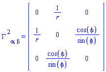 Physics:-Christoffel[`~2`, alpha, beta] = Matrix(%id = 18446744078291111798)