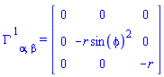 Physics:-Christoffel[`~1`, alpha, beta] = Matrix(%id = 18446744078291109278)