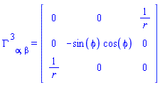 Physics:-Christoffel[`~3`, alpha, beta] = Matrix(%id = 18446744078291106622)
