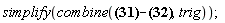 simplify(combine((u(x, t) = 3*cos(42*x*Pi)*exp(-1764*Pi^2*t)+cos(x*Pi)*(65536*cos(x*Pi)^16-278528*cos(x*Pi)^14+487424*cos(x*Pi)^12-452608*cos(x*Pi)^10+239360*cos(x*Pi)^8-71808*cos(x*Pi)^6+11424*cos(x*Pi)^4-816*cos(x*Pi)^2+17)*(exp(289*Pi^2*t+3*t)-1)*exp(-289*Pi^2*t)/(289*Pi^2+3))-(u(x, t) = ((867*Pi^2+9)*cos(42*x*Pi)*exp(-1764*Pi^2*t)+cos(17*x*Pi)*(exp(3*t)-exp(-289*Pi^2*t)))/(289*Pi^2+3)), trig))