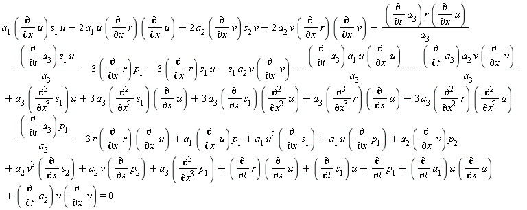 a[1]*(diff(u, x))*s[1]*u-2*a[1]*u*(diff(r, x))*(diff(u, x))+2*a[2]*(diff(v, x))*s[2]*v-2*a[2]*v*(diff(r, x))*(diff(v, x))-(diff(a[3], t))*r*(diff(u, x))/a[3]+diff(p[1], t)+a[3]*(diff(p[1], x, x, x))+(diff(r, t))*(diff(u, x))+(diff(s[1], t))*u-(diff(a[3], t))*s[1]*u/a[3]-s[1]*a[2]*v*(diff(v, x))-(diff(a[3], t))*a[1]*u*(diff(u, x))/a[3]-(diff(a[3], t))*a[2]*v*(diff(v, x))/a[3]-3*(diff(r, x))*p[1]+(diff(a[1], t))*u*(diff(u, x))+(diff(a[2], t))*v*(diff(v, x))+a[2]*(diff(v, x))*p[2]+a[2]*v^2*(diff(s[2], x))+a[2]*v*(diff(p[2], x))+a[1]*u*(diff(p[1], x))+a[1]*(diff(u, x))*p[1]+a[1]*u^2*(diff(s[1], x))+3*a[3]*(diff(s[1], x))*(diff(u, x, x))+3*a[3]*(diff(s[1], x, x))*(diff(u, x))+a[3]*(diff(r, x, x, x))*(diff(u, x))-(diff(a[3], t))*p[1]/a[3]-3*r*(diff(r, x))*(diff(u, x))-3*(diff(r, x))*s[1]*u+a[3]*(diff(s[1], x, x, x))*u+3*a[3]*(diff(r, x, x))*(diff(u, x, x)) = 0