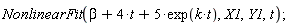 NonlinearFit(beta+4*t+5*exp(k*t), X1, Y1, t)