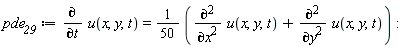 pde__29 := diff(u(x, y, t), t) = 1/50*(diff(u(x, y, t), x, x)+diff(u(x, y, t), y, y))