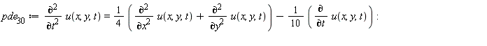 pde__30 := diff(u(x, y, t), t, t) = 1/4*(diff(u(x, y, t), x, x)+diff(u(x, y, t), y, y))-(1/10)*(diff(u(x, y, t), t))