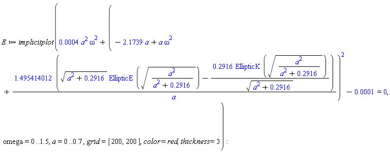 E := implicitplot(0.4e-3*a^2*omega^2+(-2.1739*a+a*omega^2+(1.495414012*(sqrt(a^2+.2916)*EllipticE(sqrt(a^2/(a^2+.2916)))-.2916*EllipticK(sqrt(a^2/(a^2+.2916)))/sqrt(a^2+.2916)))/a)^2-0.1e-3 = 0, omega = 0 .. 1.5, a = 0 .. .7, grid = [200, 200], color = red, thickness = 3):