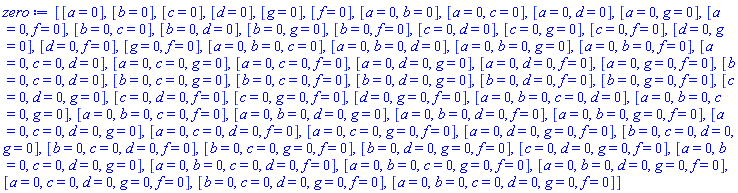 [[a = 0], [b = 0], [c = 0], [d = 0], [g = 0], [f = 0], [a = 0, b = 0], [a = 0, c = 0], [a = 0, d = 0], [a = 0, g = 0], [a = 0, f = 0], [b = 0, c = 0], [b = 0, d = 0], [b = 0, g = 0], [b = 0, f = 0], [c = 0, d = 0], [c = 0, g = 0], [c = 0, f = 0], [d = 0, g = 0], [d = 0, f = 0], [g = 0, f = 0], [a = 0, b = 0, c = 0], [a = 0, b = 0, d = 0], [a = 0, b = 0, g = 0], [a = 0, b = 0, f = 0], [a = 0, c = 0, d = 0], [a = 0, c = 0, g = 0], [a = 0, c = 0, f = 0], [a = 0, d = 0, g = 0], [a = 0, d = 0, f = 0], [a = 0, g = 0, f = 0], [b = 0, c = 0, d = 0], [b = 0, c = 0, g = 0], [b = 0, c = 0, f = 0], [b = 0, d = 0, g = 0], [b = 0, d = 0, f = 0], [b = 0, g = 0, f = 0], [c = 0, d = 0, g = 0], [c = 0, d = 0, f = 0], [c = 0, g = 0, f = 0], [d = 0, g = 0, f = 0], [a = 0, b = 0, c = 0, d = 0], [a = 0, b = 0, c = 0, g = 0], [a = 0, b = 0, c = 0, f = 0], [a = 0, b = 0, d = 0, g = 0], [a = 0, b = 0, d = 0, f = 0], [a = 0, b = 0, g = 0, f = 0], [a = 0, c = 0, d = 0, g = 0], [a = 0, c = 0, d = 0, f = 0], [a = 0, c = 0, g = 0, f = 0], [a = 0, d = 0, g = 0, f = 0], [b = 0, c = 0, d = 0, g = 0], [b = 0, c = 0, d = 0, f = 0], [b = 0, c = 0, g = 0, f = 0], [b = 0, d = 0, g = 0, f = 0], [c = 0, d = 0, g = 0, f = 0], [a = 0, b = 0, c = 0, d = 0, g = 0], [a = 0, b = 0, c = 0, d = 0, f = 0], [a = 0, b = 0, c = 0, g = 0, f = 0], [a = 0, b = 0, d = 0, g = 0, f = 0], [a = 0, c = 0, d = 0, g = 0, f = 0], [b = 0, c = 0, d = 0, g = 0, f = 0], [a = 0, b = 0, c = 0, d = 0, g = 0, f = 0]]
