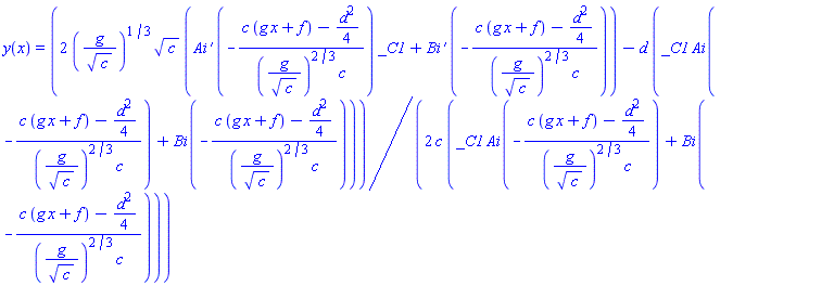 y(x) = (1/2)*(2*(g/c^(1/2))^(1/3)*c^(1/2)*(AiryAi(1, -(c*(g*x+f)-(1/4)*d^2)/((g/c^(1/2))^(2/3)*c))*_C1+AiryBi(1, -(c*(g*x+f)-(1/4)*d^2)/((g/c^(1/2))^(2/3)*c)))-d*(_C1*AiryAi(-(c*(g*x+f)-(1/4)*d^2)/((g/c^(1/2))^(2/3)*c))+AiryBi(-(c*(g*x+f)-(1/4)*d^2)/((g/c^(1/2))^(2/3)*c))))/(c*(_C1*AiryAi(-(c*(g*x+f)-(1/4)*d^2)/((g/c^(1/2))^(2/3)*c))+AiryBi(-(c*(g*x+f)-(1/4)*d^2)/((g/c^(1/2))^(2/3)*c))))