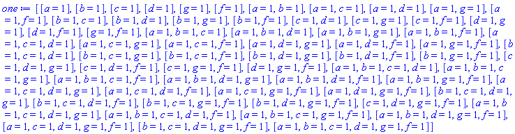 [[a = 1], [b = 1], [c = 1], [d = 1], [g = 1], [f = 1], [a = 1, b = 1], [a = 1, c = 1], [a = 1, d = 1], [a = 1, g = 1], [a = 1, f = 1], [b = 1, c = 1], [b = 1, d = 1], [b = 1, g = 1], [b = 1, f = 1], [c = 1, d = 1], [c = 1, g = 1], [c = 1, f = 1], [d = 1, g = 1], [d = 1, f = 1], [g = 1, f = 1], [a = 1, b = 1, c = 1], [a = 1, b = 1, d = 1], [a = 1, b = 1, g = 1], [a = 1, b = 1, f = 1], [a = 1, c = 1, d = 1], [a = 1, c = 1, g = 1], [a = 1, c = 1, f = 1], [a = 1, d = 1, g = 1], [a = 1, d = 1, f = 1], [a = 1, g = 1, f = 1], [b = 1, c = 1, d = 1], [b = 1, c = 1, g = 1], [b = 1, c = 1, f = 1], [b = 1, d = 1, g = 1], [b = 1, d = 1, f = 1], [b = 1, g = 1, f = 1], [c = 1, d = 1, g = 1], [c = 1, d = 1, f = 1], [c = 1, g = 1, f = 1], [d = 1, g = 1, f = 1], [a = 1, b = 1, c = 1, d = 1], [a = 1, b = 1, c = 1, g = 1], [a = 1, b = 1, c = 1, f = 1], [a = 1, b = 1, d = 1, g = 1], [a = 1, b = 1, d = 1, f = 1], [a = 1, b = 1, g = 1, f = 1], [a = 1, c = 1, d = 1, g = 1], [a = 1, c = 1, d = 1, f = 1], [a = 1, c = 1, g = 1, f = 1], [a = 1, d = 1, g = 1, f = 1], [b = 1, c = 1, d = 1, g = 1], [b = 1, c = 1, d = 1, f = 1], [b = 1, c = 1, g = 1, f = 1], [b = 1, d = 1, g = 1, f = 1], [c = 1, d = 1, g = 1, f = 1], [a = 1, b = 1, c = 1, d = 1, g = 1], [a = 1, b = 1, c = 1, d = 1, f = 1], [a = 1, b = 1, c = 1, g = 1, f = 1], [a = 1, b = 1, d = 1, g = 1, f = 1], [a = 1, c = 1, d = 1, g = 1, f = 1], [b = 1, c = 1, d = 1, g = 1, f = 1], [a = 1, b = 1, c = 1, d = 1, g = 1, f = 1]]