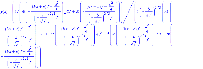 y(x) = 2*f*(AiryAi(-((b*x+c)*f-(1/4)*d^2)/((-b/f^(1/2))^(2/3)*f))*_C1+AiryBi(-((b*x+c)*f-(1/4)*d^2)/((-b/f^(1/2))^(2/3)*f)))/(2*(-b/f^(1/2))^(1/3)*(AiryAi(1, -((b*x+c)*f-(1/4)*d^2)/((-b/f^(1/2))^(2/3)*f))*_C1+AiryBi(1, -((b*x+c)*f-(1/4)*d^2)/((-b/f^(1/2))^(2/3)*f)))*f^(1/2)-d*(AiryAi(-((b*x+c)*f-(1/4)*d^2)/((-b/f^(1/2))^(2/3)*f))*_C1+AiryBi(-((b*x+c)*f-(1/4)*d^2)/((-b/f^(1/2))^(2/3)*f))))