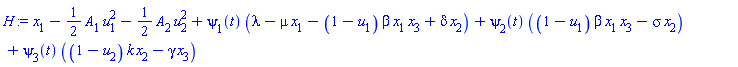H := x[1]-(1/2)*(A[1]*u[1]^2)-(1/2)*(A[2]*u[2]^2)+psi[1](t)*(lambda-mu*x[1]-(1-u[1])*beta*x[1]*x[3]+delta*x[2])+psi[2](t)*((1-u[1])*beta*x[1]*x[3]-sigma*x[2])+psi[3](t)*((1-u[2])*k*x[2]-gamma*x[3])
