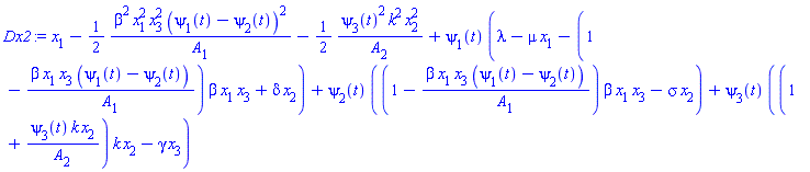 Dx2 := x[1]-(1/2)*(beta^2*x[1]^2*x[3]^2*(psi[1](t)-psi[2](t))^2/A[1])-(1/2)*(psi[3](t)^2*k^2*x[2]^2/A[2])+psi[1](t)*(lambda-mu*x[1]-(1-beta*x[1]*x[3]*(psi[1](t)-psi[2](t))/A[1])*beta*x[1]*x[3]+delta*x[2])+psi[2](t)*((1-beta*x[1]*x[3]*(psi[1](t)-psi[2](t))/A[1])*beta*x[1]*x[3]-sigma*x[2])+psi[3](t)*((1+psi[3](t)*k*x[2]/A[2])*k*x[2]-gamma*x[3])