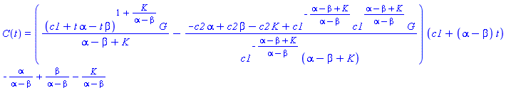C(t) = ((c1+t*alpha-t*beta)^(1+K/(alpha-beta))*G/(alpha-beta+K)-(-c2*alpha+c2*beta-c2*K+c1^(-(alpha-beta+K)/(alpha-beta))*c1^((alpha-beta+K)/(alpha-beta))*G)/(c1^(-(alpha-beta+K)/(alpha-beta))*(alpha-beta+K)))*(c1+(alpha-beta)*t)^(-alpha/(alpha-beta)+beta/(alpha-beta)-K/(alpha-beta))