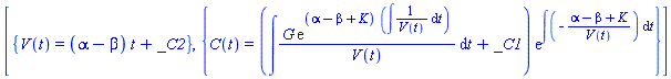 [{V(t) = (alpha-beta)*t+_C2}, {C(t) = (Int(G*exp((alpha-beta+K)*(Int(1/V(t), t)))/V(t), t)+_C1)*exp(Int(-(alpha-beta+K)/V(t), t))}]
