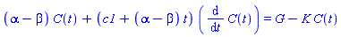 (alpha-beta)*C(t)+(c1+(alpha-beta)*t)*(diff(C(t), t)) = G-K*C(t)
